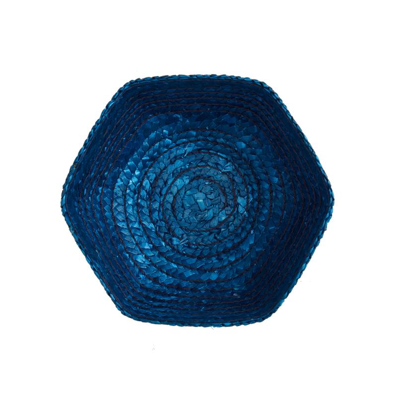 Top view of Small Raffia Basket in Blue showcasing deep blue woven texture on a white background