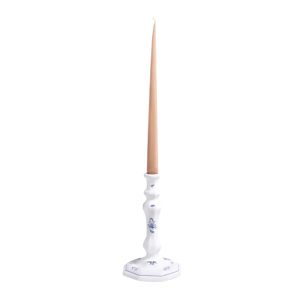 Front view of Brindille octagonal candlestick with octagonal base and Bleu Moustiers blue floral hand-painted design on white