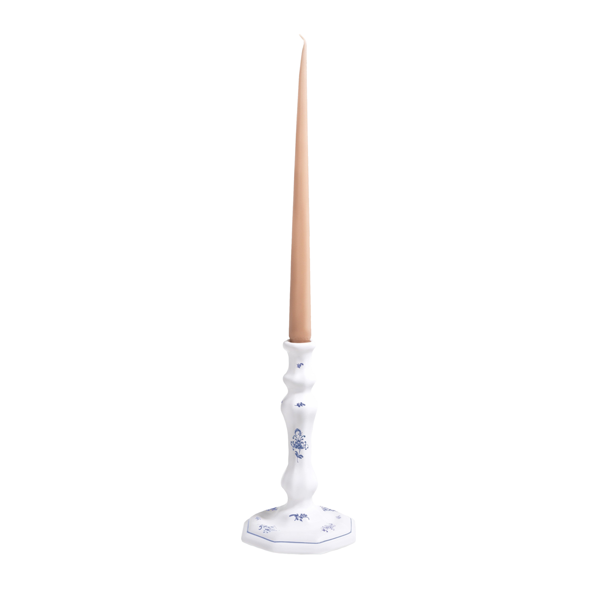 Front view of Brindille octagonal candlestick with octagonal base and Bleu Moustiers blue floral hand-painted design on white