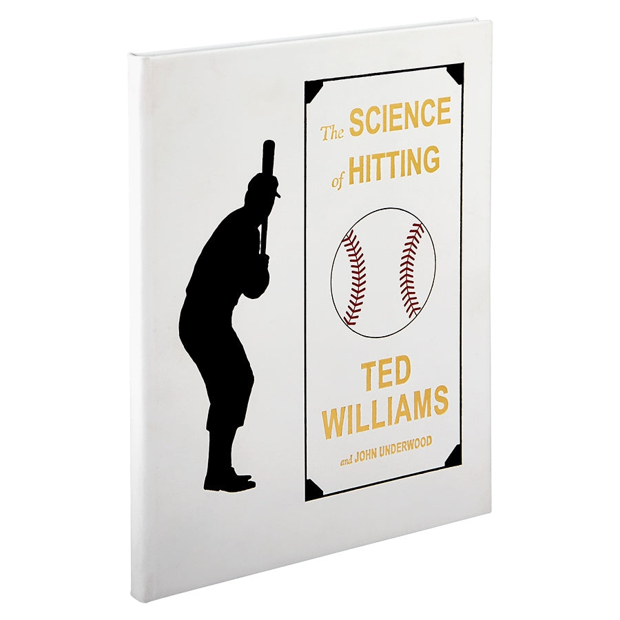 Front three-quarter view of The Science of Hitting in bonded leather with baseball player silhouette and baseball design on white cover