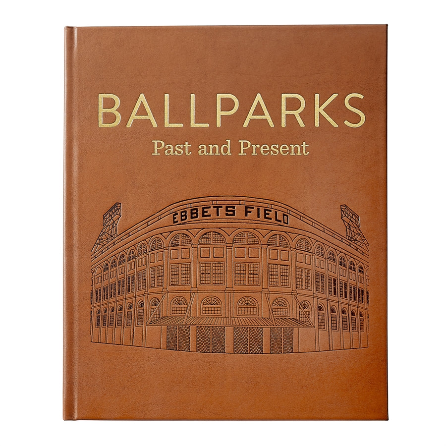 Front view of Ballparks Past and Present in Bonded Leather, featuring a tan cover with an Ebbets Field illustration