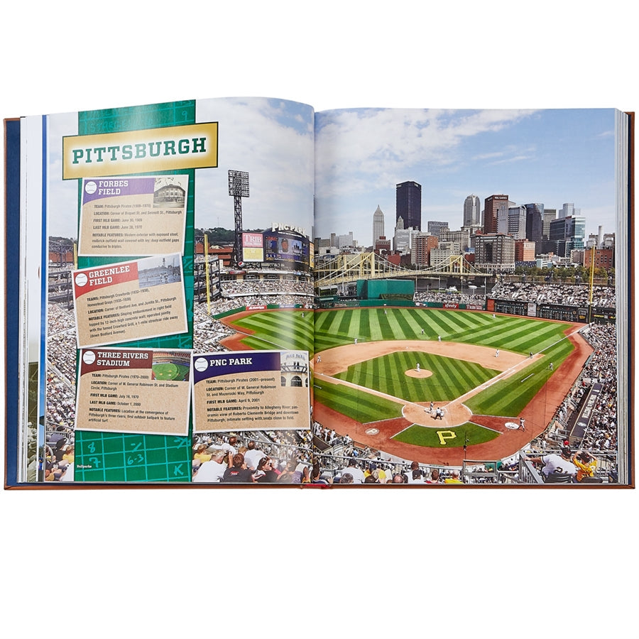 open view of Ballparks Past and Present bonded leather book showing two-page spread of PNC Park and Pittsburgh skyline on white background