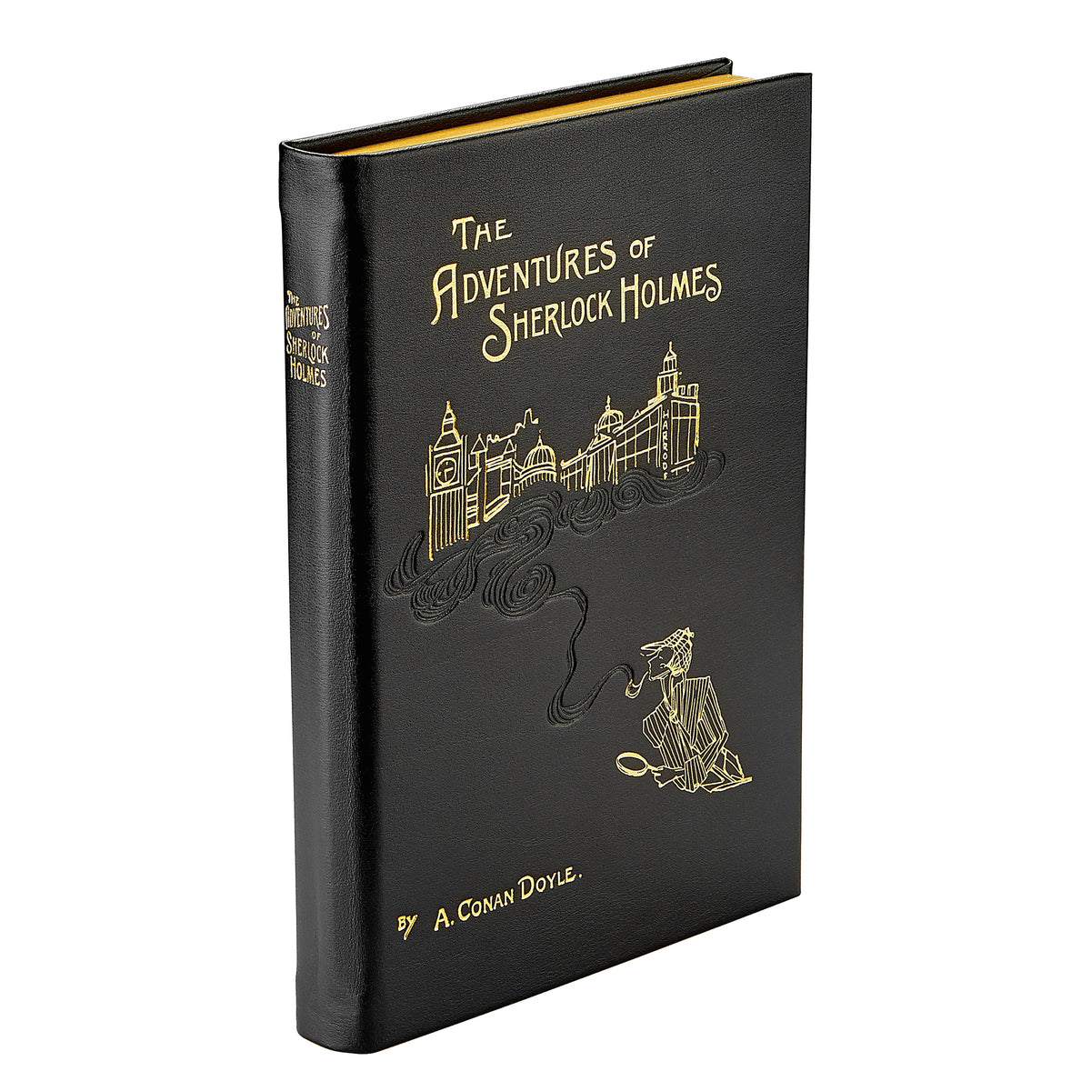 Three-quarter view of The Adventures of Sherlock Holmes in bonded leather showcasing gold cover artwork with a white background