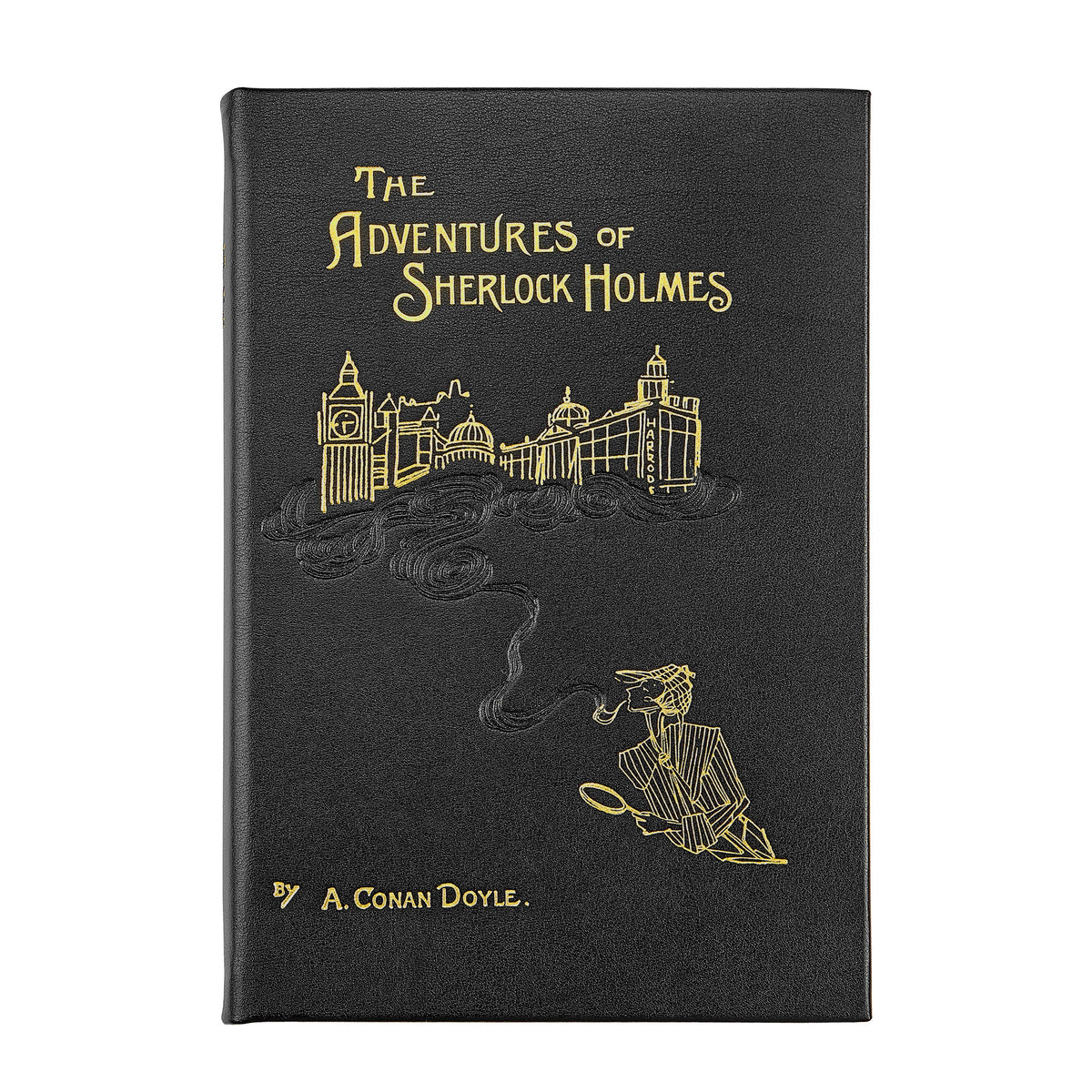 Front view of The Adventures of Sherlock Holmes book with black bonded leather cover, gold London skyline and Sherlock Holmes illustration