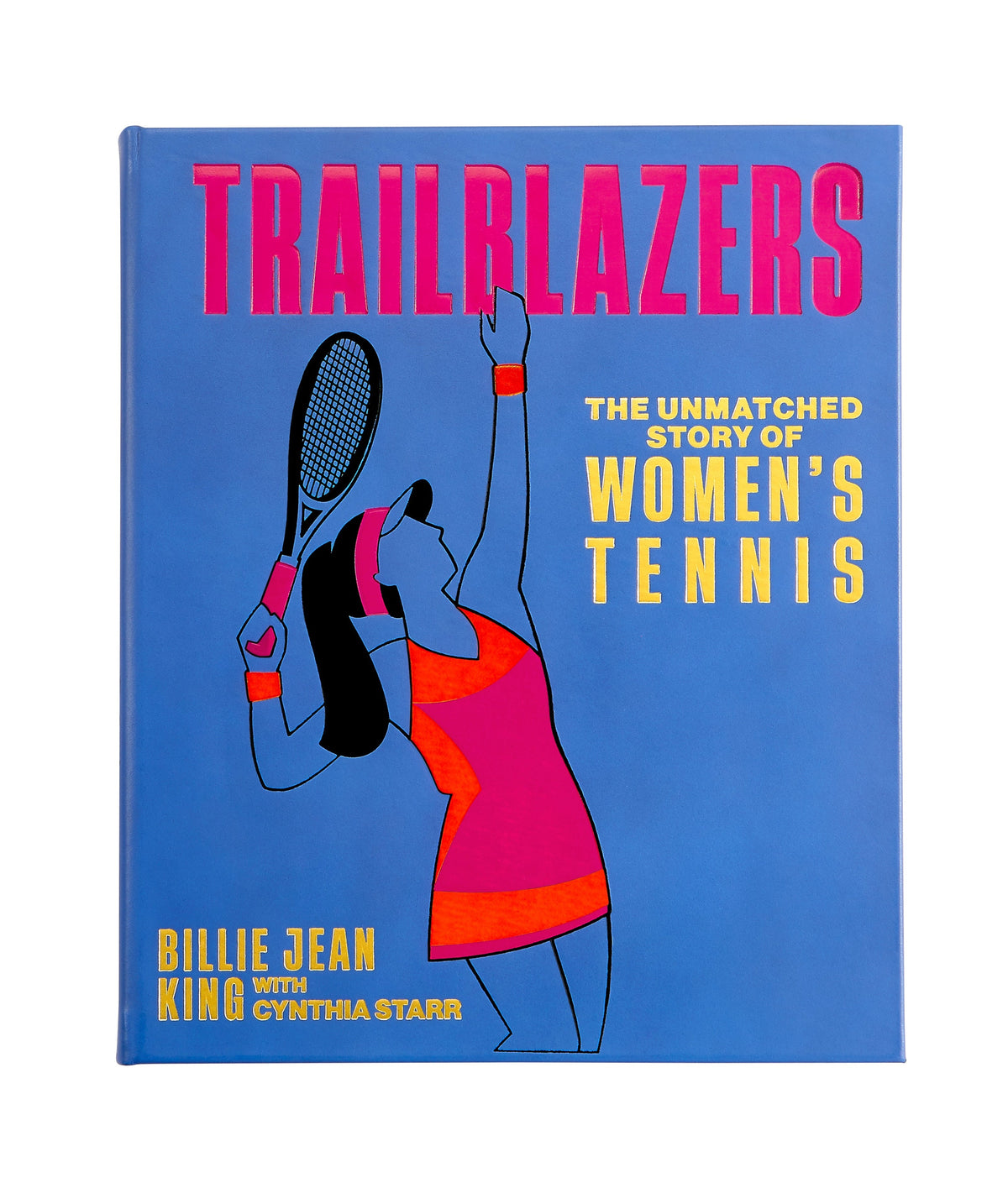 Front view of book Trailblazers with blue bonded leather cover, pink title and woman serving, white background