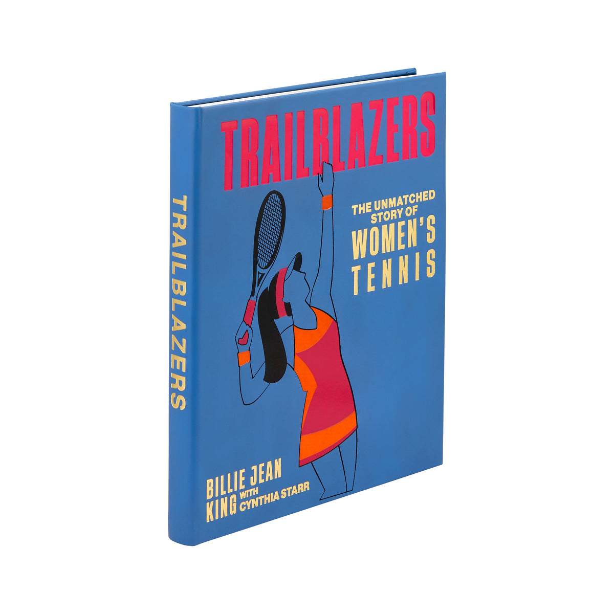 Angled view of Trailblazers book with blue bonded leather cover, pink title, and tennis player illustration on white