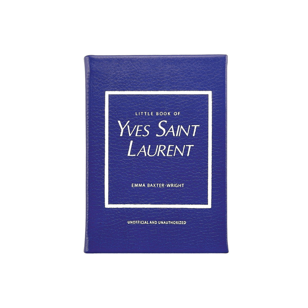 Front view of Little Book of Yves Saint Laurent in bonded leather showcasing textured blue cover and printed title on a white background