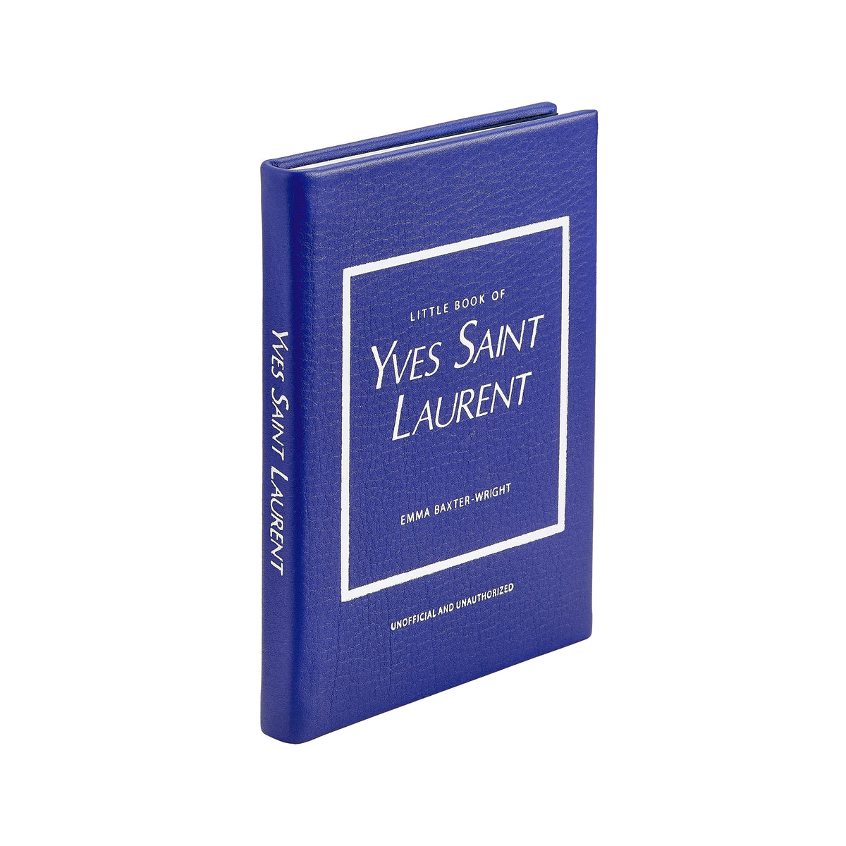 Angled view of the Little Book of Yves Saint Laurent in bonded leather showing its blue textured cover and white title lettering
