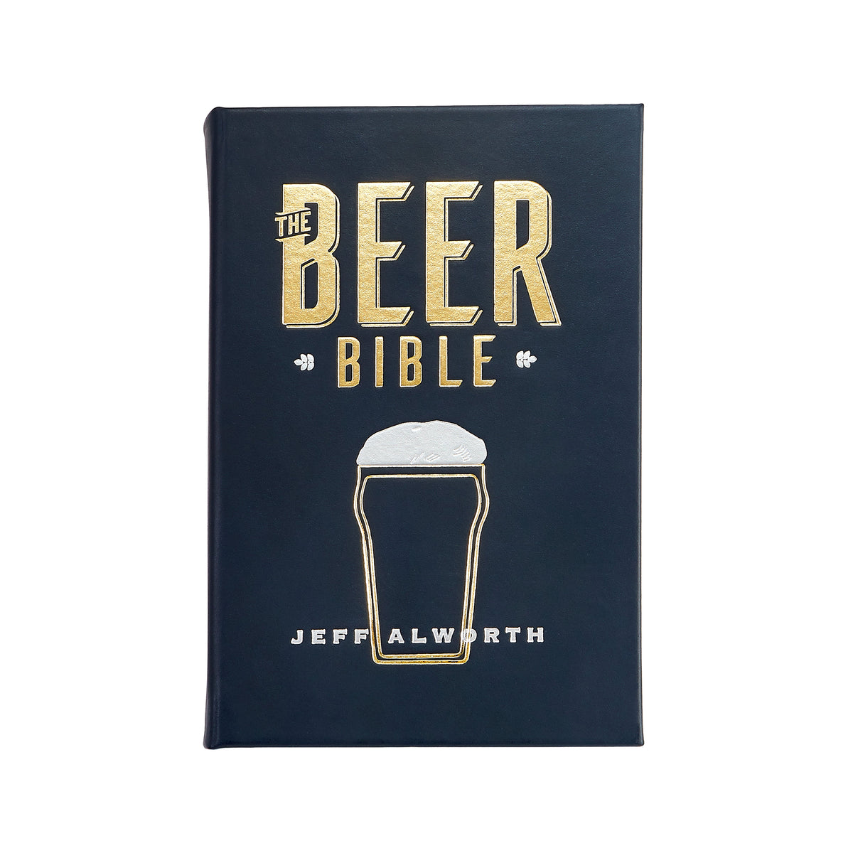 Front view of The Beer Bible in Bonded Leather showcasing gold lettering on a dark navy cover with a white background