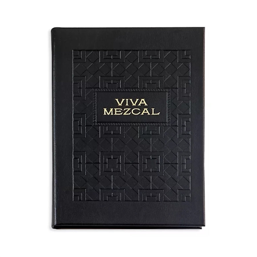 Front view of Viva Mezcal bonded leather notebook showcasing embossed geometric cover and gold title on white background
