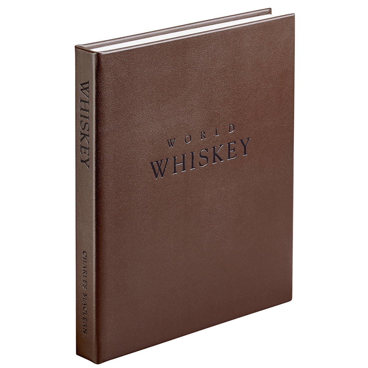 Front three-quarter view of World Whiskey Book in bonded leather showcasing embossed WORLD WHISKEY title on white background