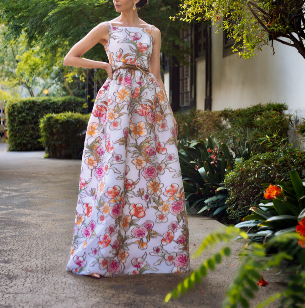 Fuchsia 3D Floral Champagne Ankle Length Flower Girl Dress