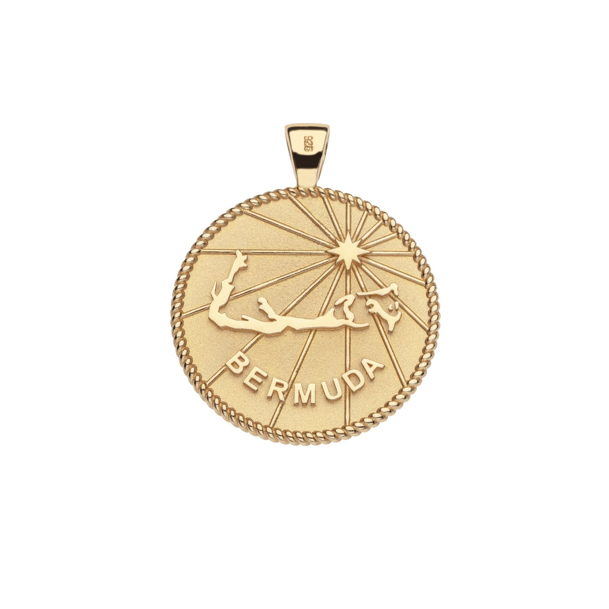 Front view of Bermuda JW Original Pendant Coin Necklace showcasing island shape and BERMUDA inscription