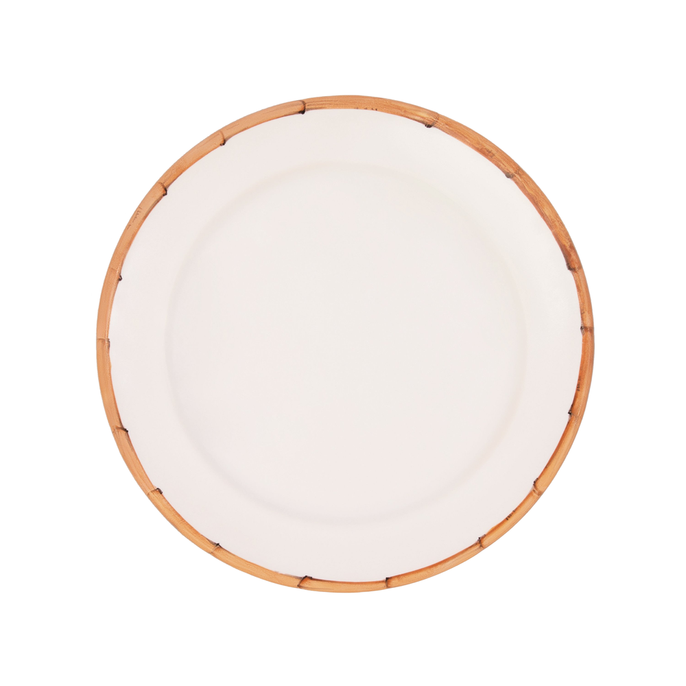 Top view of Ramatuelle bamboo salad plate showcasing bamboo-look hand-painted rim on cream faience against white background