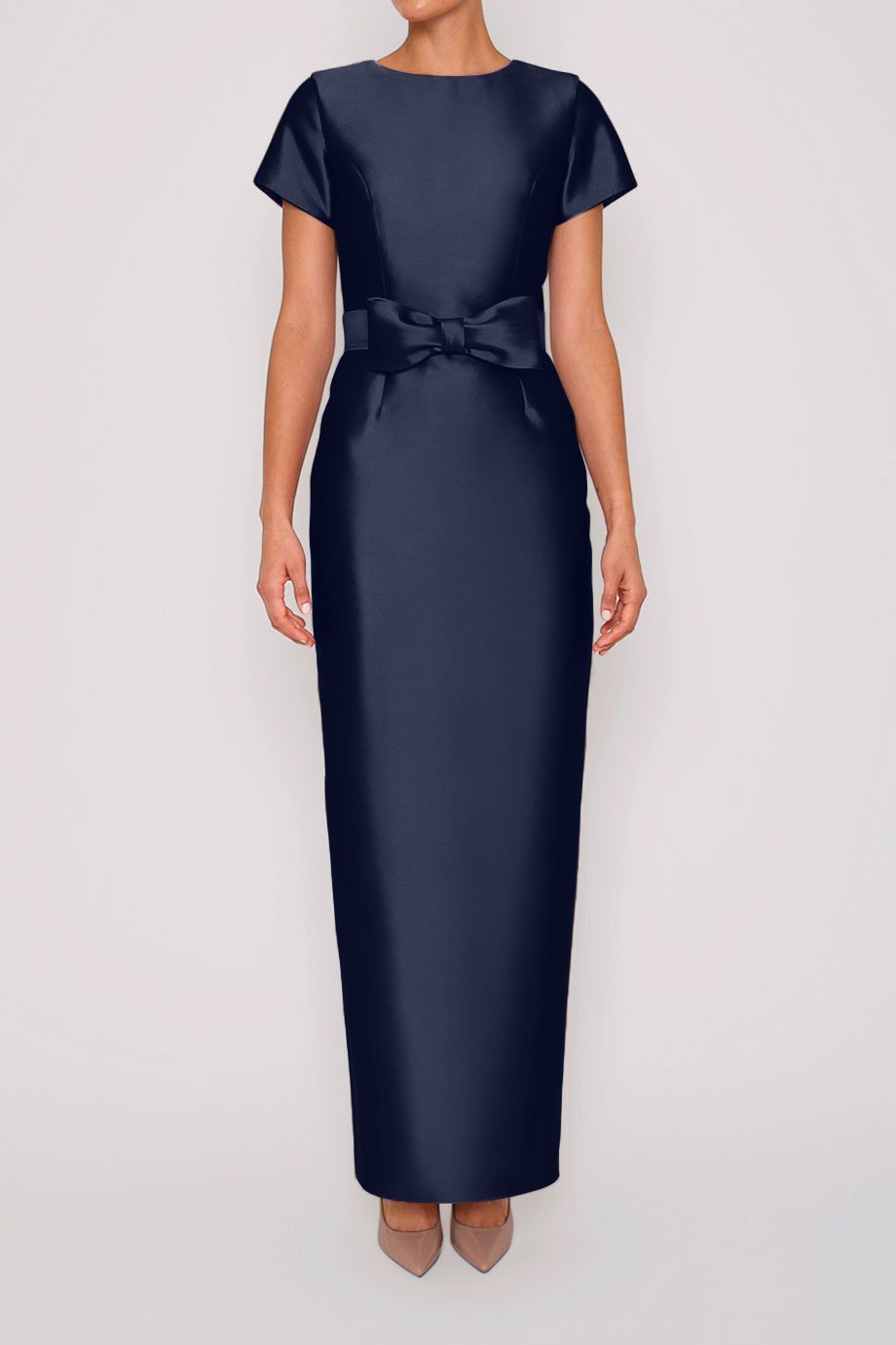 Bella Silk and Wool Column Gown with Removable Bow Belt 6 / Navy Bella Silk and Wool Column Gown with Removable Bow Belt 6 / Navy