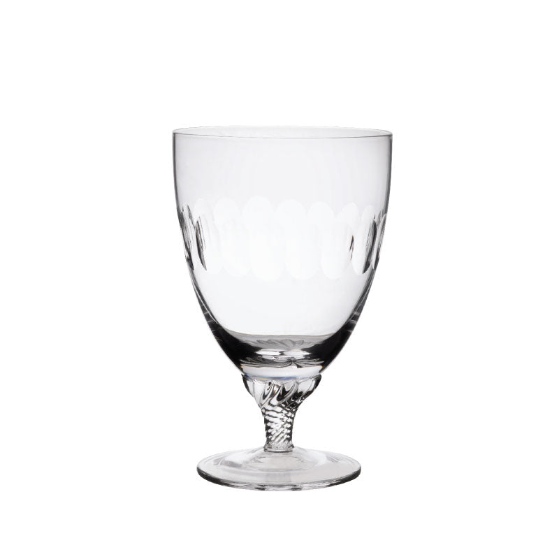 Front view of Crystal Bistro glass showcasing engraved oval lens design and twisted stem on white background