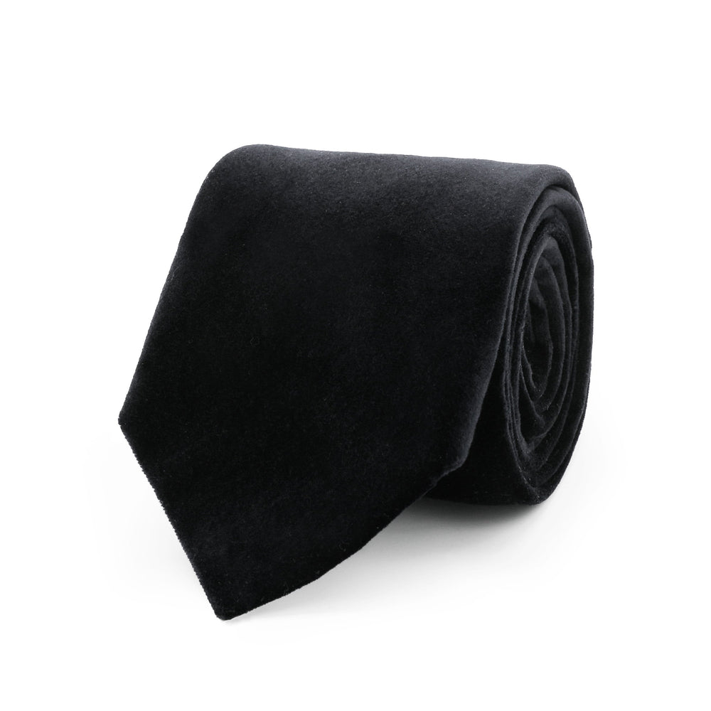Angled view of Black Velvet Tie showcasing black cotton velvet texture on a white background