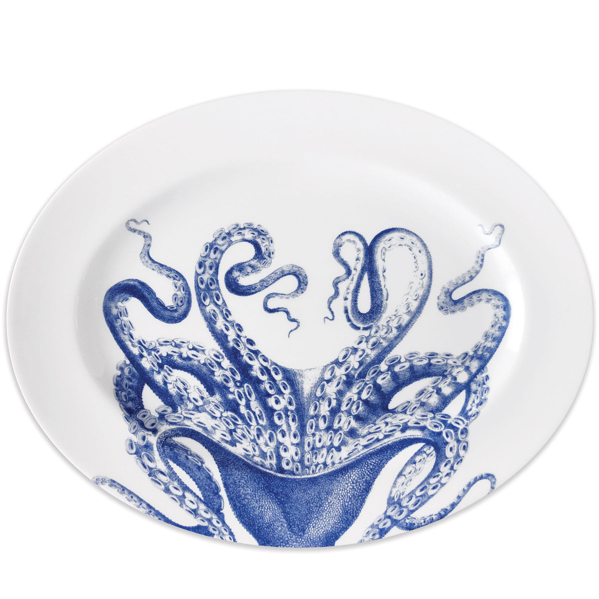 Top view of Blue Lucy Large Oval Rimmed Platter showcasing blue cephalopod design on white porcelain with a white background