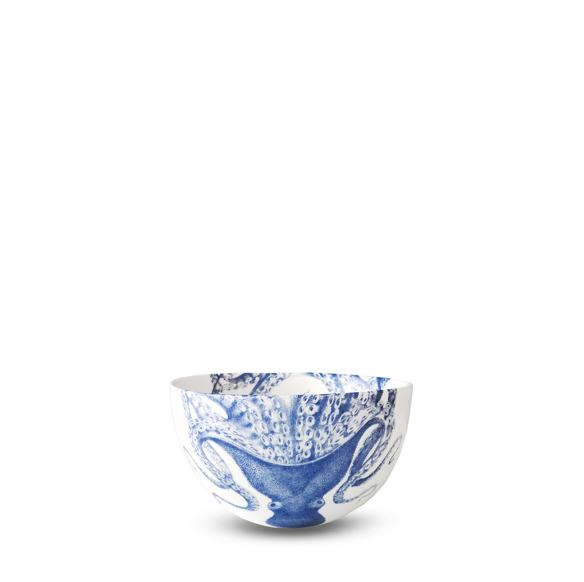 Front view of Blue Lucy Snack Bowl showcasing blue cephalopod pattern with white background