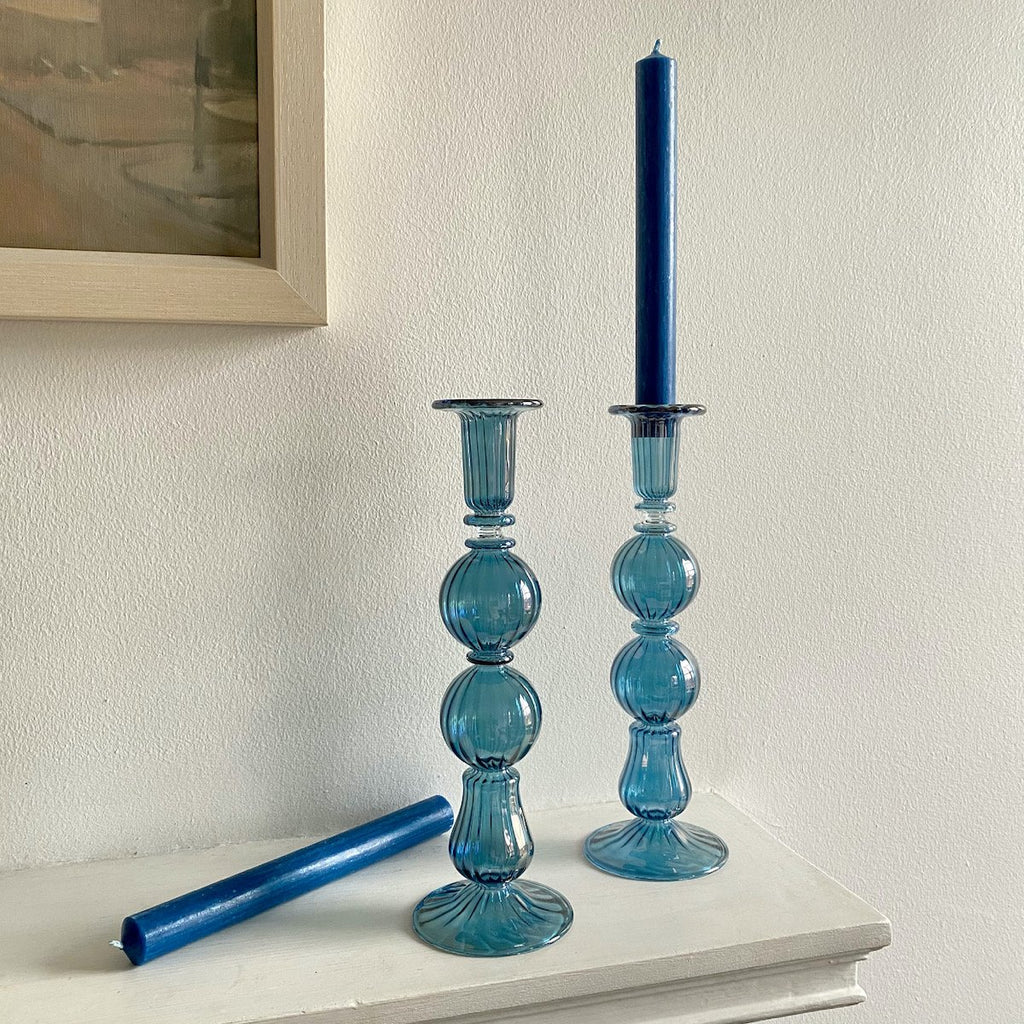Issy Granger | Blue Glass Candlestick | Candle Holder  Edit alt text