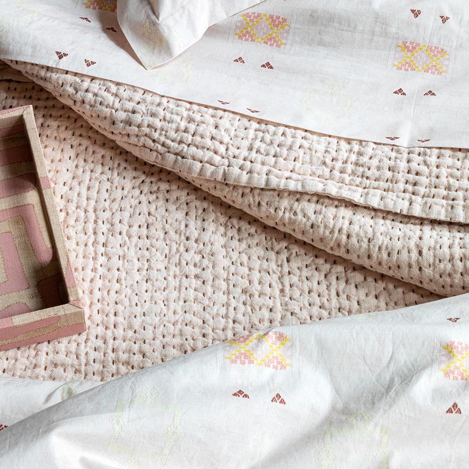 Blush Linen Kantha Quilt Blanket