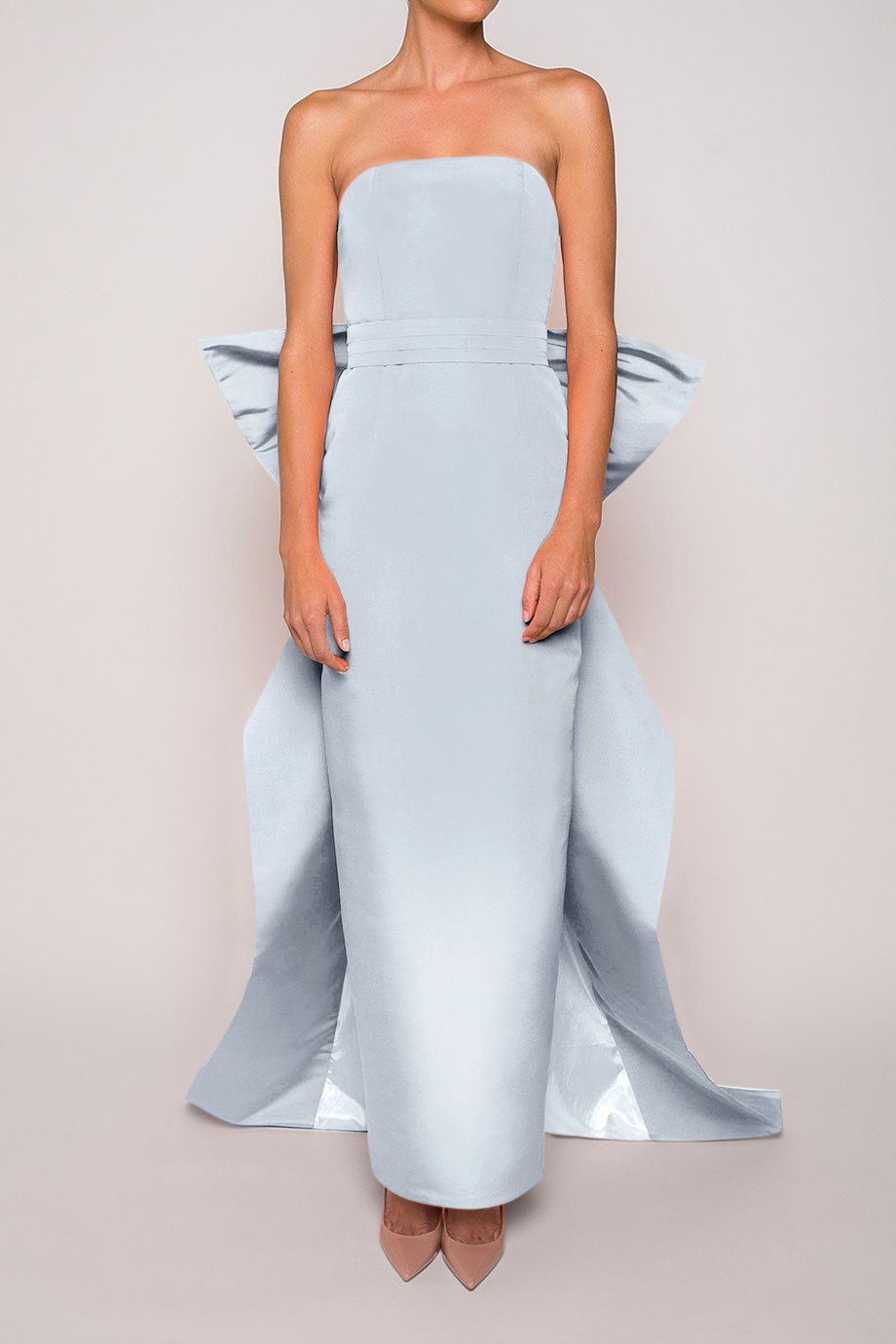Front view of the Bow Butterfly Gown showcasing its light blue color, straight neckline, and detachable bow sash on a model