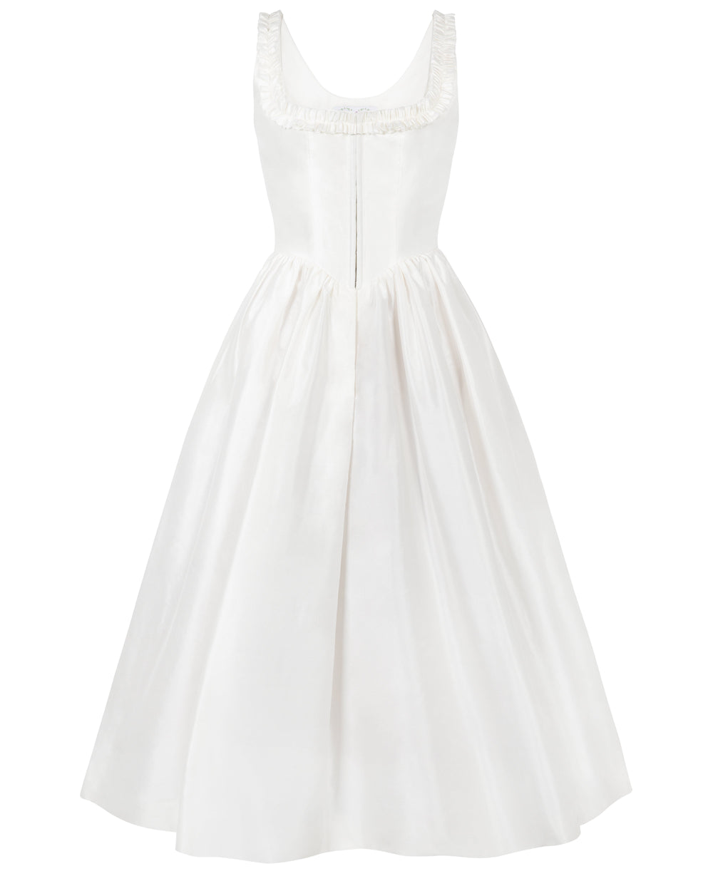 Front view of Alice Dress in ivory with scooped ruffled neckline, fitted bodice with center zipper, and full gathered silk skirt