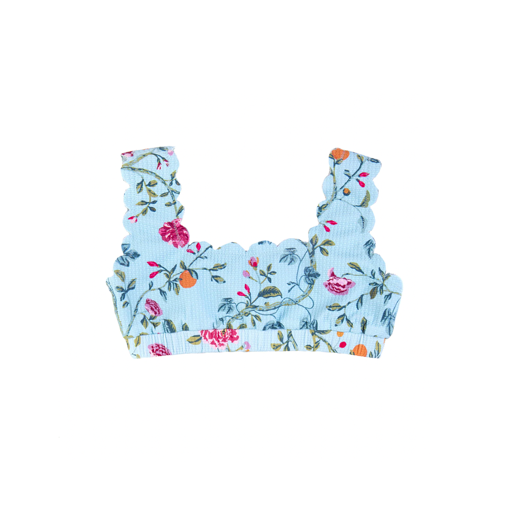 Front view of Bumby Palm Springs Top showcasing floral print, scalloped edges, and over-the-shoulder straps on a white background