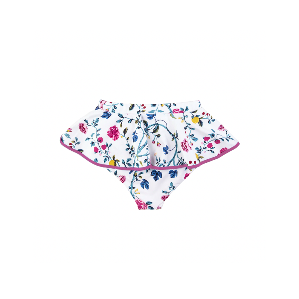 Front view of Bumby Piana Bottom showcasing its floral print and cute skirt overlay on a white background