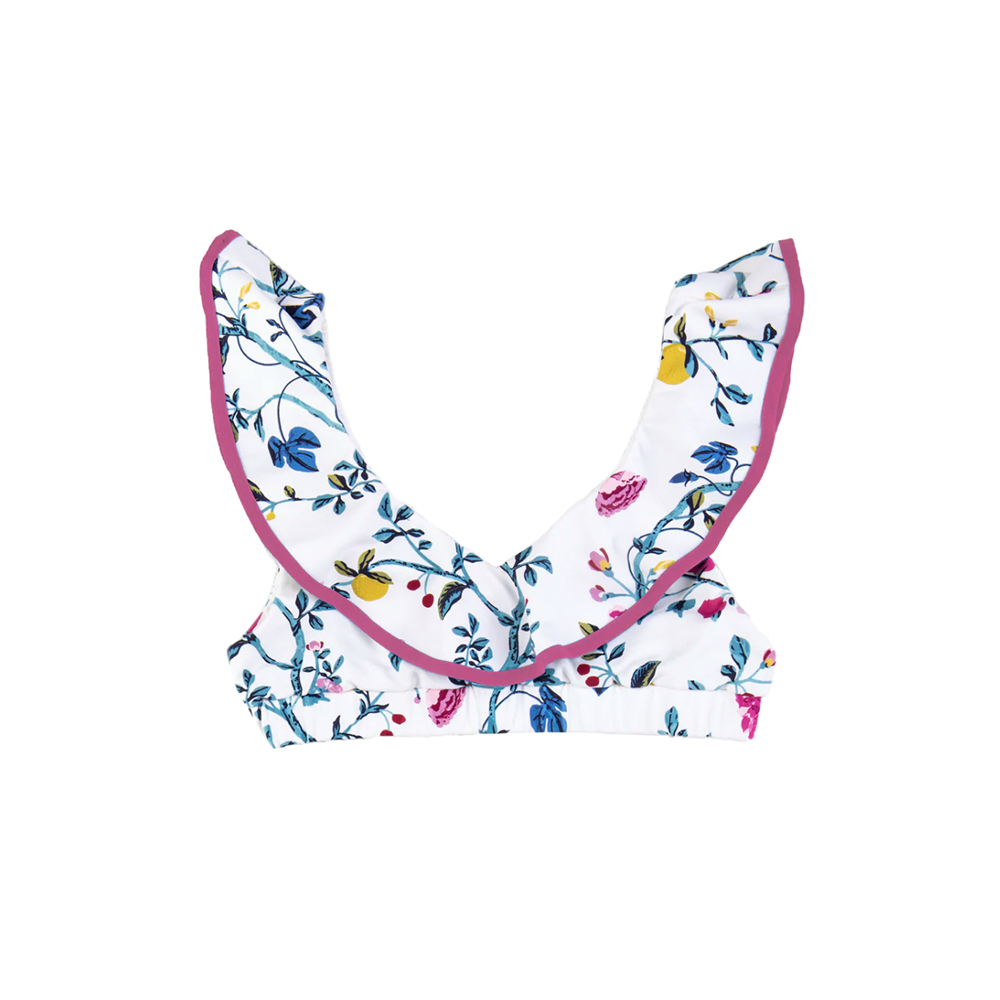 Front view of Bumby Piana Top showcasing brilliant floral print and pink-trimmed old-school collar on white background