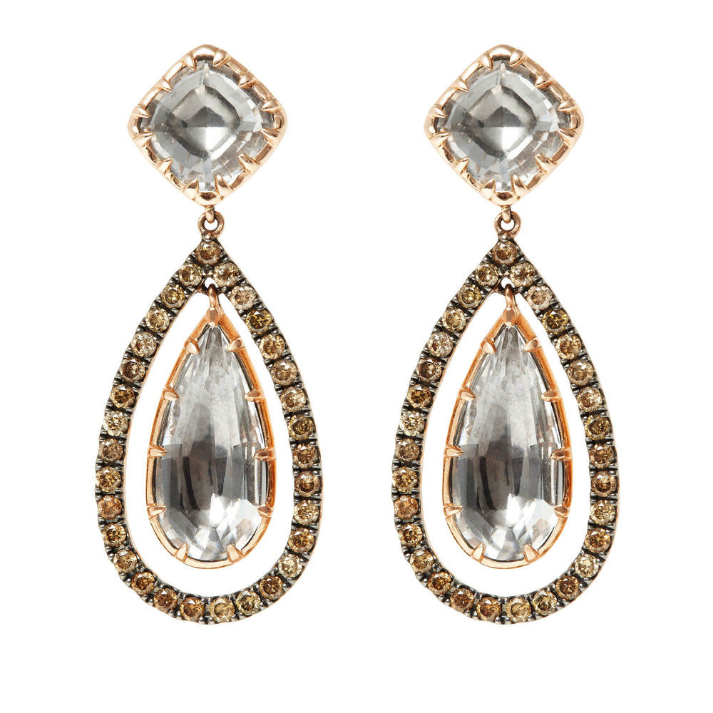 Front view of Caprice Cushion Pear Floating Earring showcasing foiled white quartz, Champagne diamonds, and rose gold