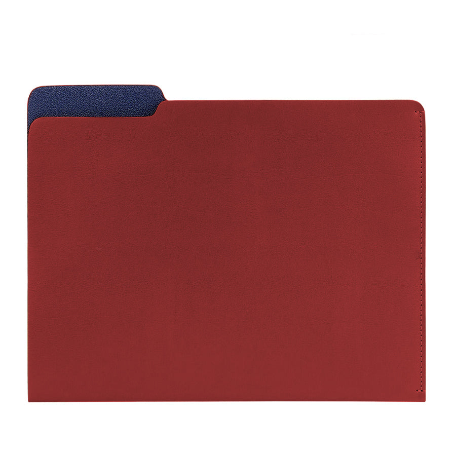 Front view of Carlo File Folder in red bonded leather showing navy tab and liner on white background