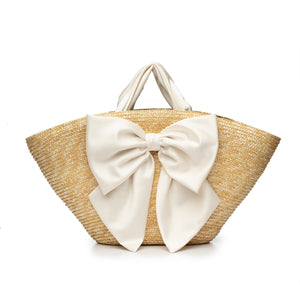 Carlotta Straw Tote W/Ivory Satin Bow - Eugenia Kim