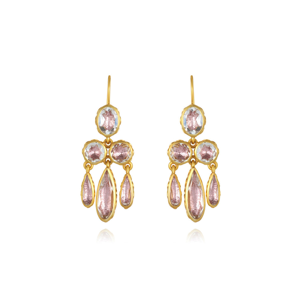 Front view of Catherine Girandole earrings showcasing blush pear and teardrop stones set in gold-wash metal on white background