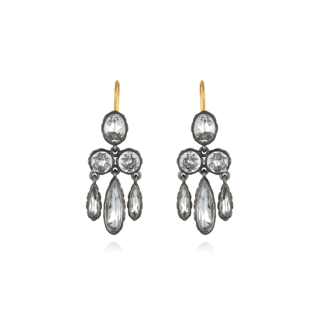 Front view of Catherine Girandole earrings with white faceted stones in black rhodium and gold ear wires