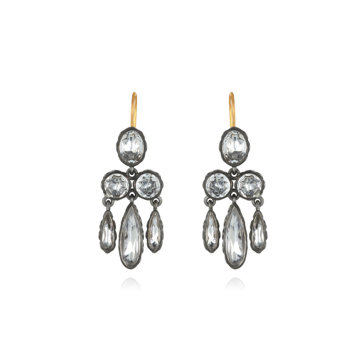 Front view of Catherine Girandole earrings with white faceted stones in black rhodium and gold ear wires