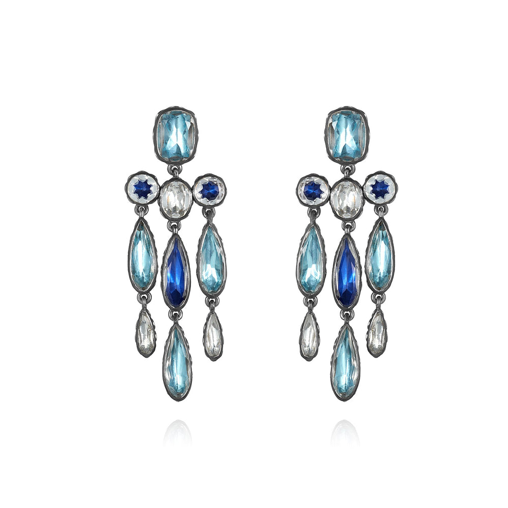 Front view of Catherine Long Girandole earrings with multi-blue and clear stones in chandelier drops on white background