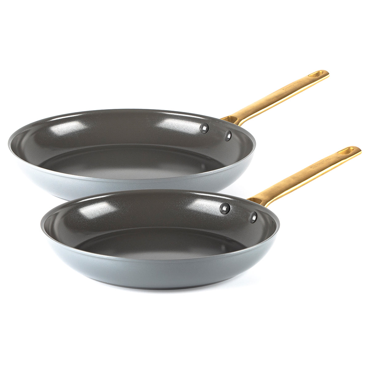 Front view of Reserve Collection Fry Pan 2-Piece Set in Charcoal showcasing two pans with gold-tone handles on a white background