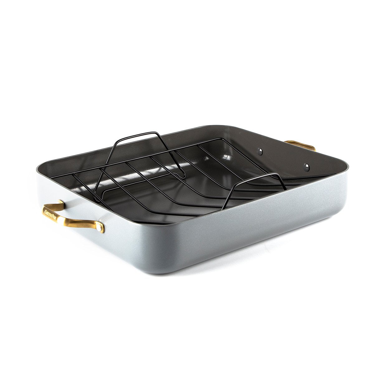 Three-quarter view of Reserve Collection Roaster with Rack in Black Charcoal showing raised rack and gold-tone handles