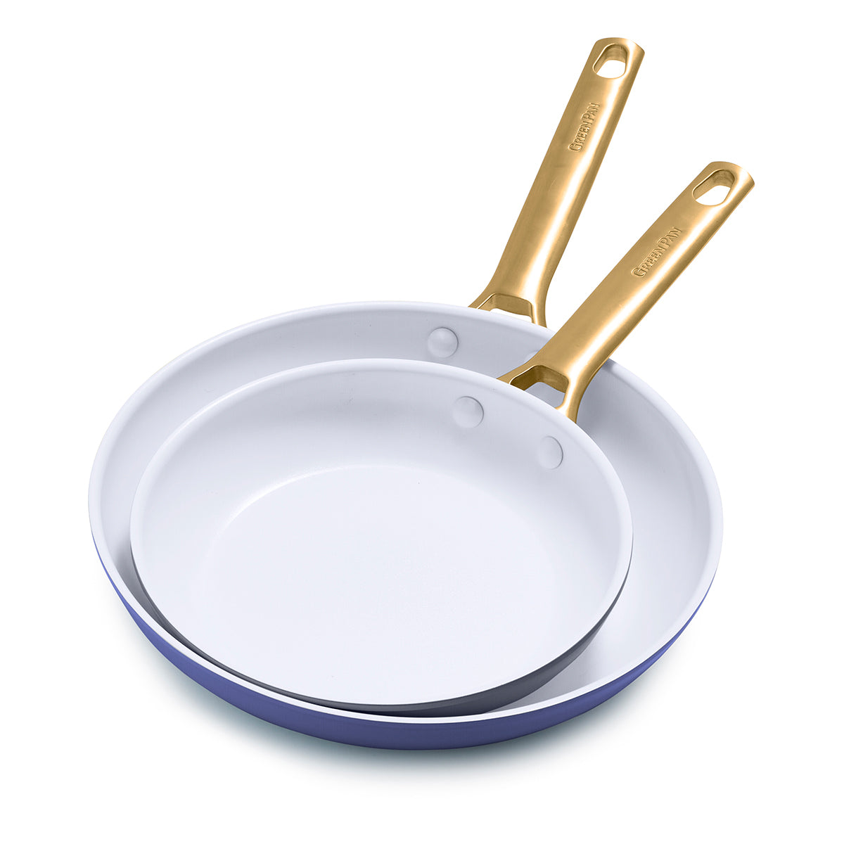Angled view of Reserve Collection Fry Pan Set in Dark Blue showcasing two pans with gold-tone handles on white background