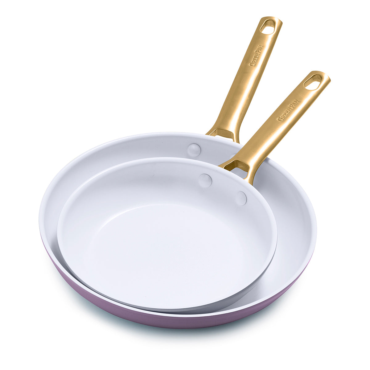 Front view of Reserve Collection 2-Piece Fry Pan Set in Eggplant showcasing two sizes and gold-tone handles on a white background