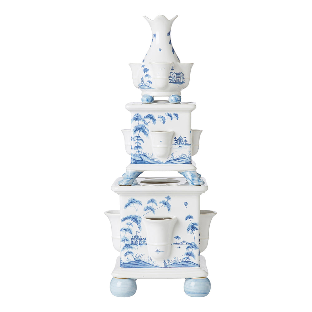 Front view of Country Estate Delft Blue tulipiere tower, three-tier ceramic set of 3 with blue Delft scenic pattern on white