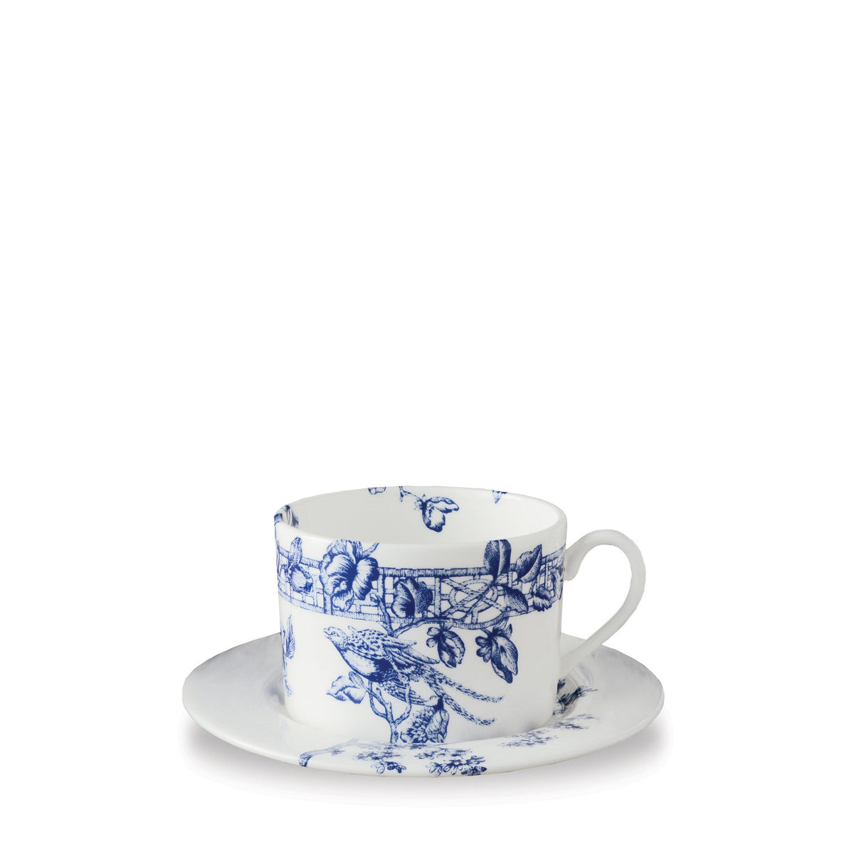 Front three quarter view of Chinoiserie Toile Cup & Saucer showcasing blue floral and bird pattern on white bone china with a white background