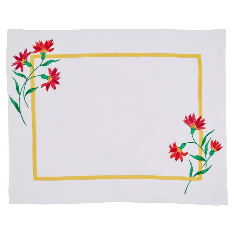 Front view of Maria Hand-Embroidered and Painted Placemat showcasing red floral embroidery and golden border on white linen