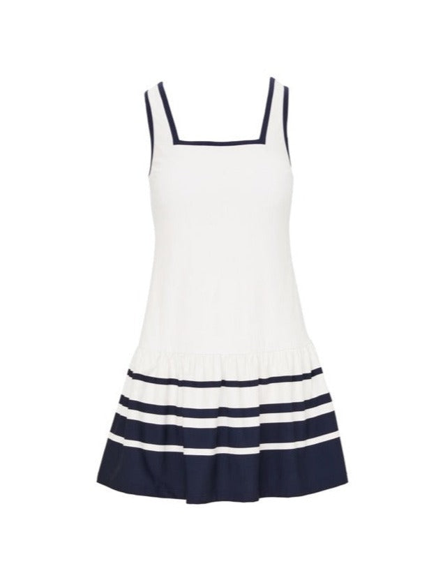 Cloisters Dress in White and Navy Stripes | Over The Moon