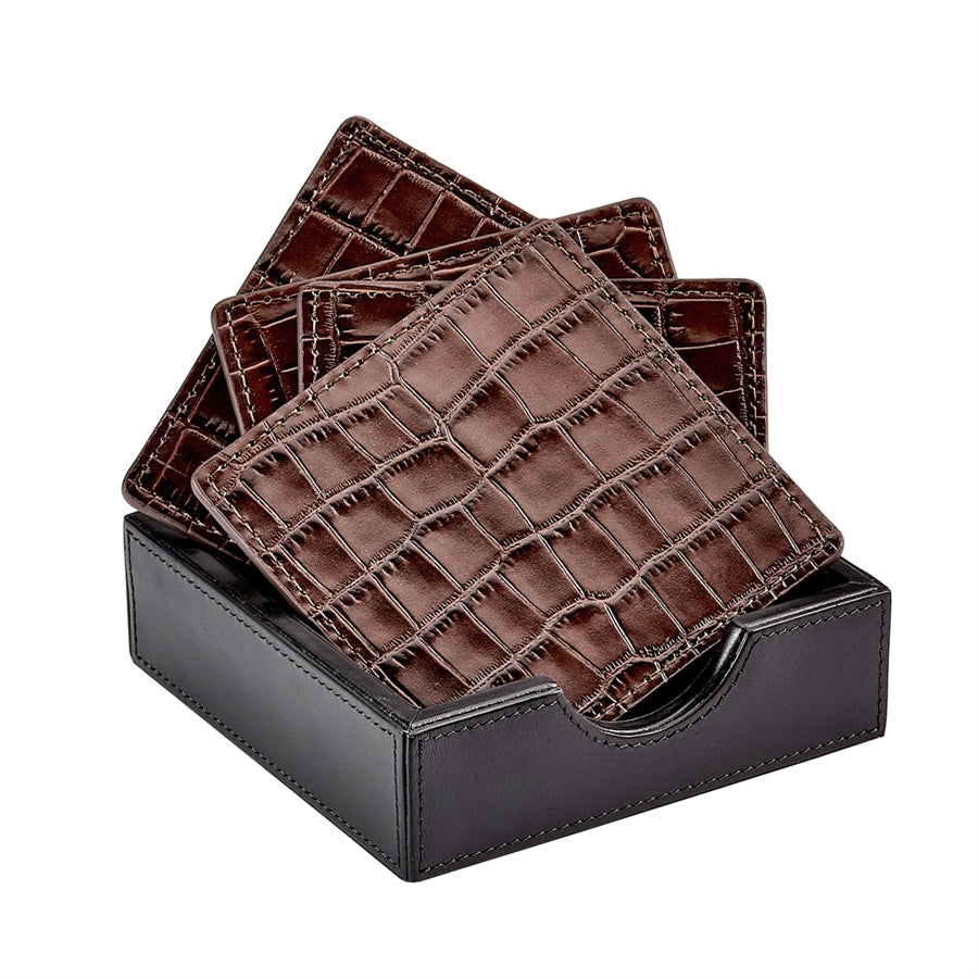 Square Coaster Set in Crocodile Embossed Leather