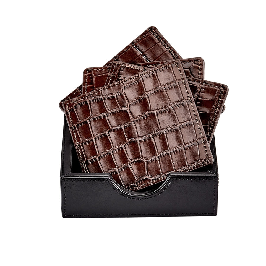 Square Coaster Set in Crocodile Embossed Leather
