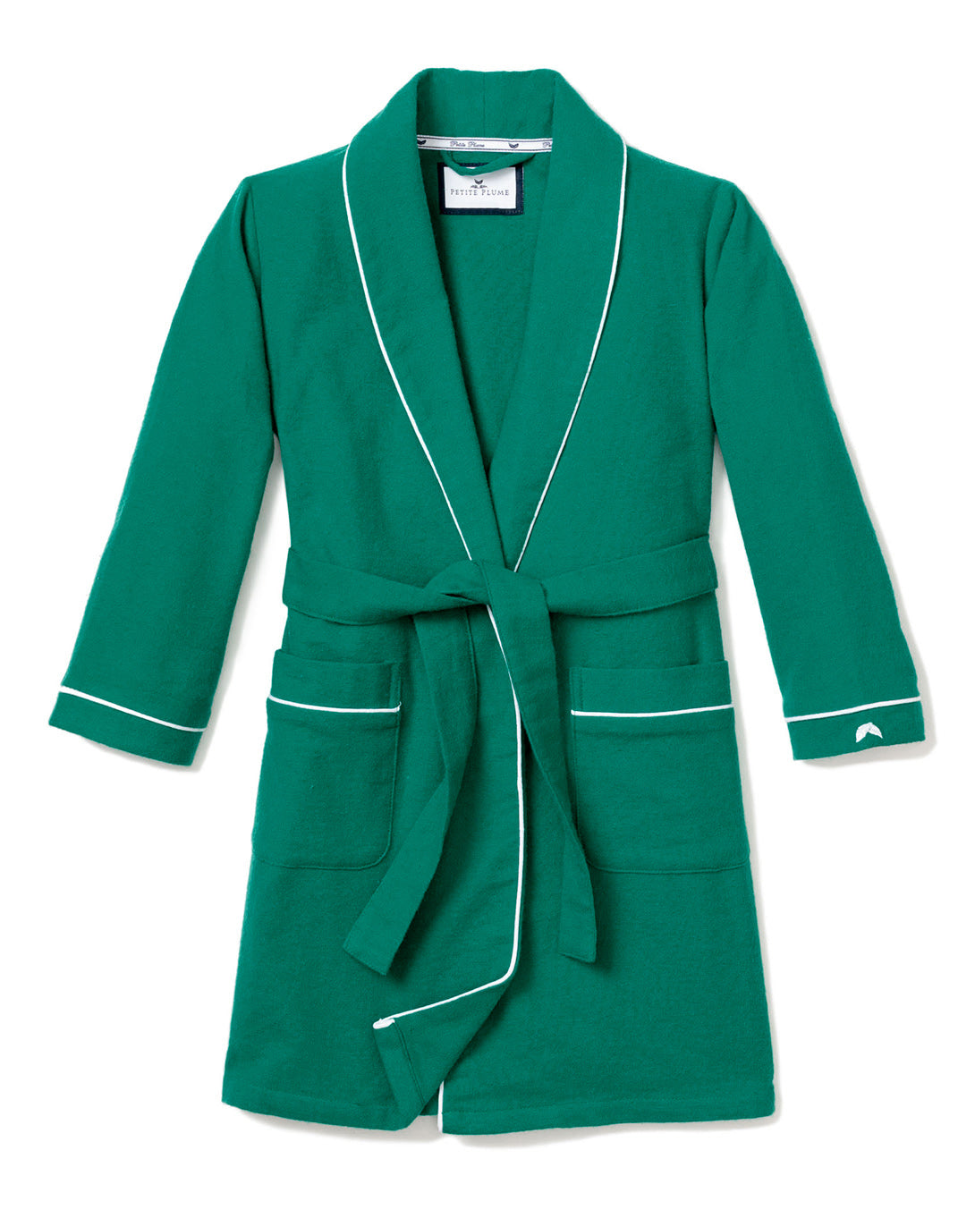 Front view of Children’s Forest Green Flannel Robe showcasing white piping, belt and pockets on white background