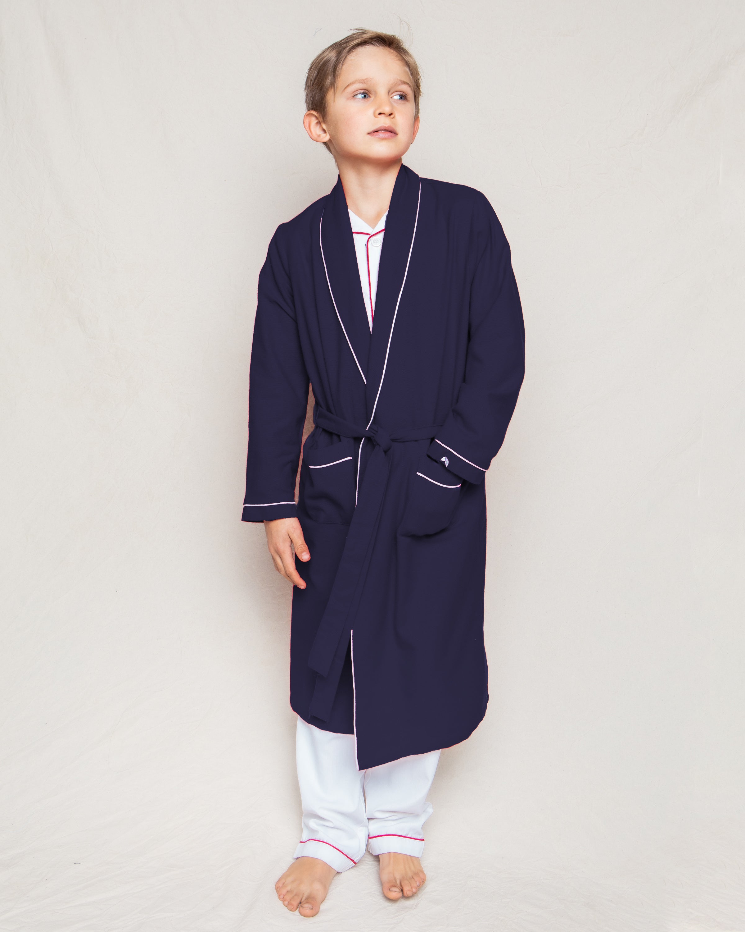 Children’s Navy Flannel Robe with White Piping