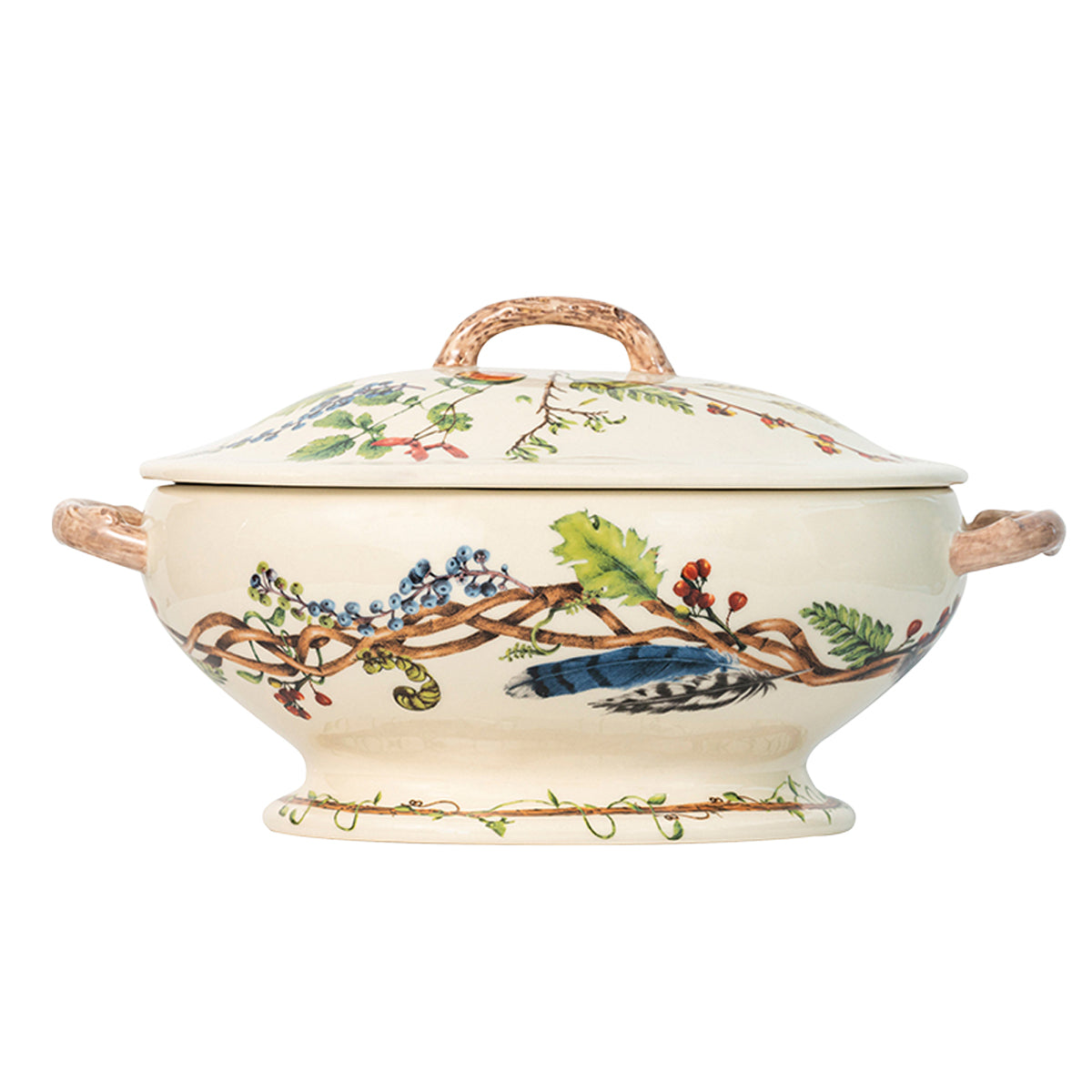 Front view of Forest Walk Café Au Lait Tureen showcasing lid, wooden style handles, forest floor motif on white background
